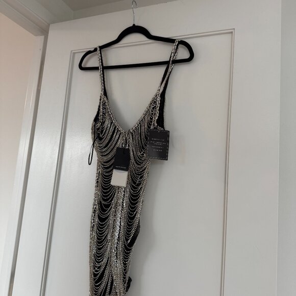 NWT Retrofête Irina Mini Dress Rhinestone Chain Embellished In Barely-there Mesh - Picture 4 of 11